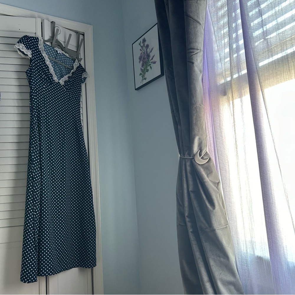 RIHOAS The Navy V Neck Polka Dot Lace Ruched Maxi Dress